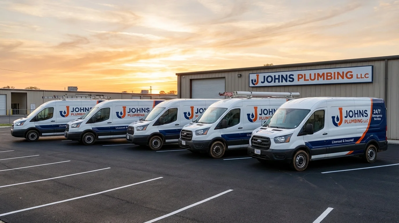 Johns Plumbing LLC fleet of service vans ready for dispatch across Minnesota